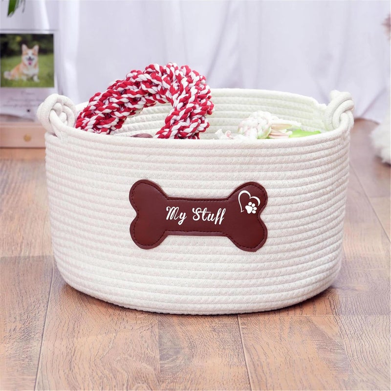 JUPPE Pet Dog Storage Basket with Brown Leather Bone Design, Cotton Rope Organizer for Dog Toys, 12 x 12 x 7 inches, Puppy Toy Storage Organizer (Brown Leather Basket) - Image 2